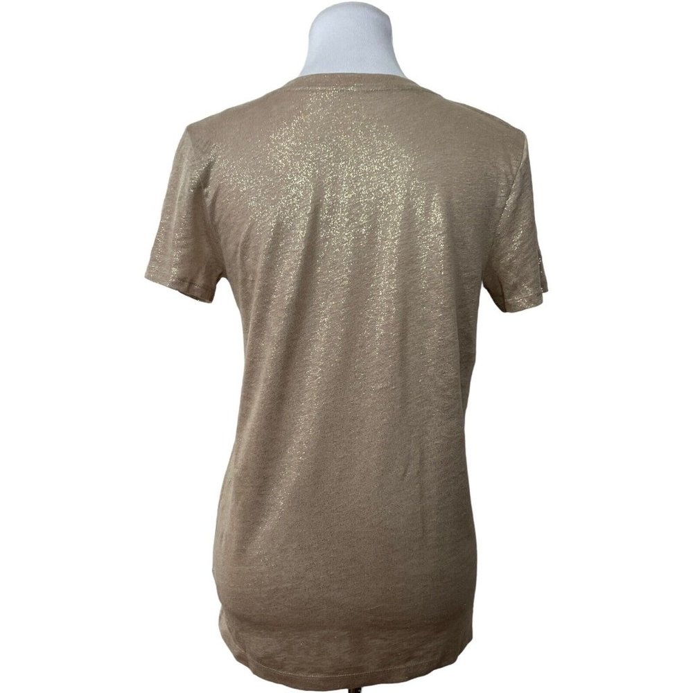 J.CREW 100% Linen Tee Metallic Gold Beige Shimmer V Neck T-Shirt Casual Lux - Picture 3 of 7